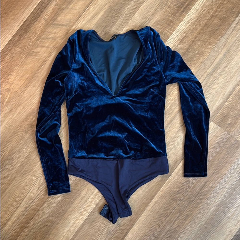 Navy Velvet Long Sleeve Bodysuit